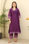 ASRUMO_Purple Chanderi Embroidery Lace Glass Neck Gardenia Embellished Kurta Pant Set _at_Aza_Fashions