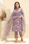 Buy_ASRUMO_Purple Cotton Print Gulbahar Leaf Neck Handblock Kurta Pant Set _at_Aza_Fashions