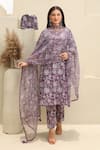 ASRUMO_Purple Cotton Print Gulbahar Leaf Neck Handblock Kurta Pant Set _Online_at_Aza_Fashions