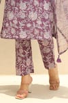 Shop_ASRUMO_Purple Cotton Print Gulbahar Leaf Neck Handblock Kurta Pant Set _Online_at_Aza_Fashions