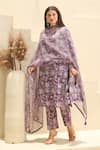 ASRUMO_Purple Cotton Print Gulbahar Leaf Neck Handblock Kurta Pant Set _at_Aza_Fashions