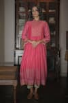 Buy_Swatti Kapoor_Pink Kurta Hand Woven 40gm Chanderi Printed Geometric Pattern Simrat Anarkali _at_Aza_Fashions