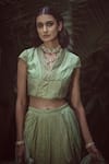 Buy_Swatti Kapoor_Green Hand Woven 40gm Chanderi Printed Stripe Shawl Collar Soma Saree Blouse _at_Aza_Fashions