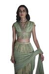 Swatti Kapoor_Green Hand Woven 40gm Chanderi Printed Stripe Shawl Collar Soma Saree Blouse _Online_at_Aza_Fashions