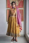 Swatti Kapoor_Yellow Hand Woven Chanderi 60gm Gota Lace Gathered Tisha Skirt _Online_at_Aza_Fashions