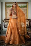 Buy_Swatti Kapoor_Orange Handowoven Yarn Dyed Silk Foil Printed Farid Zari Striped Lehenga _at_Aza_Fashions