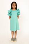 Buy_A Little Fable_Blue 100% Polyester Lining 100% Cotton Shoulder Ruffle A Line Wildflower Dress _at_Aza_Fashions