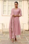 Buy_Pheeta_Pink Mulmul Embroidery Fringe Lace V-neck Gathered Yoke Anarkali And Pant Set _at_Aza_Fashions