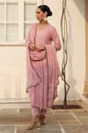 Pheeta_Pink Mulmul Embroidery Fringe Lace V-neck Gathered Yoke Anarkali And Pant Set _Online_at_Aza_Fashions