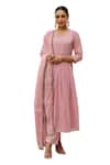 Pheeta_Pink Mulmul Embroidery Fringe Lace V-neck Gathered Yoke Anarkali And Pant Set _Online