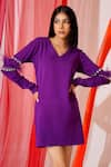 Buy_KEOO_Purple Moss Georgette Embroidery Crystals V-neck Alba Dress 