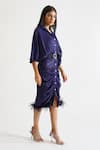 Buy_KEOO_Blue Cotton Satin Embroidery Feathers Collar Beverly Pleated Dress 