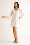 Shop_KEOO_White Banana Crepe Embellished Rhinestones V-neck Cabo Pearl Dress 