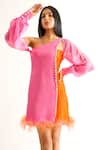 Shop_KEOO_Pink Cotton Satin Embroidery Crystals One Shoulder Cyra Color Block Dress 