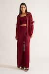 Buy_KEOO_Maroon Chiffon Embroidery Crystals Shirt Collar Grace And Flap Pant Set 