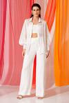 Buy_KEOO_White Chiffon Embellished Rhinestone Shirt Collar Ivory And Pant Set _at_Aza_Fashions