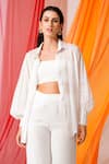 KEOO_White Chiffon Embellished Rhinestone Shirt Collar Ivory And Pant Set _Online_at_Aza_Fashions