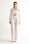 Buy_KEOO_White Chiffon Embellished Rhinestone Shirt Collar Ivory And Pant Set _Online_at_Aza_Fashions