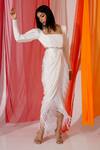 Buy_KEOO_White Banana Crepe Embroidery Fringe Lace Square Malta Draped Dress _at_Aza_Fashions