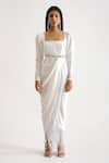 KEOO_White Banana Crepe Embroidery Fringe Lace Square Malta Draped Dress _Online_at_Aza_Fashions