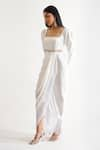 Buy_KEOO_White Banana Crepe Embroidery Fringe Lace Square Malta Draped Dress _Online_at_Aza_Fashions