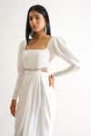 Shop_KEOO_White Banana Crepe Embroidery Fringe Lace Square Malta Draped Dress _Online_at_Aza_Fashions