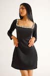 Buy_KEOO_Black Banana Crepe Embellished Crystals Square Roma Dress 