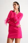 Shop_KEOO_Pink Banana Crepe Embellished Rhinestones V-neck Rosa Embroidered Dress _Online_at_Aza_Fashions