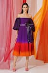 Buy_KEOO_Purple Raw Silk Embellished Rhinestones Off Shoulder Scarlet Ombre Flared Dress _at_Aza_Fashions