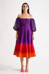 KEOO_Purple Raw Silk Embellished Rhinestones Off Shoulder Scarlet Ombre Flared Dress _Online_at_Aza_Fashions