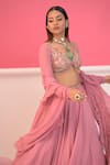 Shop_Damoiselle_Pink Georgette Net Hand Embroidery Sequins Regal Rose Blouse And Lehenga Set _at_Aza_Fashions