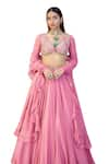 Shop_Damoiselle_Pink Georgette Net Hand Embroidery Sequins Regal Rose Blouse And Lehenga Set _Online_at_Aza_Fashions