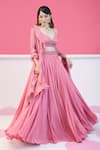 Buy_Damoiselle_Pink Georgette Net Hand Embroidery Beads V-neck Noble Rose Blouse And Lehenga Set _at_Aza_Fashions