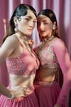 Shop_Damoiselle_Pink Georgette Net Hand Embroidery Beads V-neck Noble Rose Blouse And Lehenga Set _at_Aza_Fashions