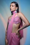 Shop_Damoiselle_Pink Georgette Net Hand Embroidery Noble Blush Blouse With Pre-draped Saree _at_Aza_Fashions