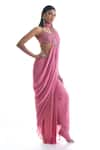 Damoiselle_Pink Georgette Net Hand Embroidery Noble Blush Blouse With Pre-draped Saree _Online_at_Aza_Fashions