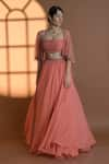 Buy_Damoiselle_Peach Georgette Net Hand Embroidery Floral Bustier Aurora Cape And Lehenga Set _at_Aza_Fashions