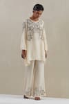 Buy_One Not Two_Off White Kaftan Crushed Silk Hand Embroidered Sequins Round With Pant _at_Aza_Fashions