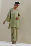 Buy_One Not Two_Green Kaftan Crushed Silk Hand Embroidered Sequins Round With Pant _at_Aza_Fashions