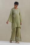 Shop_One Not Two_Green Kaftan Crushed Silk Hand Embroidered Sequins Round With Pant _Online_at_Aza_Fashions