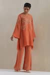 Buy_One Not Two_Orange Kaftan Crushed Silk Hand Embroidered Sequins Round Bead With Pant _at_Aza_Fashions