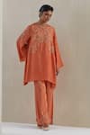 Shop_One Not Two_Orange Kaftan Crushed Silk Hand Embroidered Sequins Round Bead With Pant _Online_at_Aza_Fashions