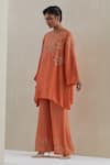 One Not Two_Orange Kaftan Crushed Silk Hand Embroidered Sequins Round Bead With Pant _at_Aza_Fashions