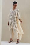 Buy_One Not Two_Off White Kaftan Crushed Silk Hand Embroidered Flower V-neck With Pant _at_Aza_Fashions