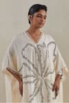 Buy_One Not Two_Off White Kaftan Crushed Silk Hand Embroidered Flower V-neck With Pant _Online_at_Aza_Fashions