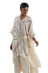 Buy_One Not Two_Off White Kaftan Crushed Silk Hand Embroidered Flower V-neck With Pant 