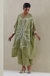 Buy_One Not Two_Green Kaftan Crushed Silk Hand Embroidered Flower V-neck And Pant Set _at_Aza_Fashions