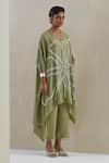 Buy_One Not Two_Green Kaftan Crushed Silk Hand Embroidered Flower V-neck And Pant Set _Online_at_Aza_Fashions