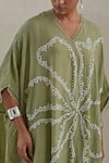 One Not Two_Green Kaftan Crushed Silk Hand Embroidered Flower V-neck And Pant Set _at_Aza_Fashions