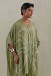 Buy_One Not Two_Green Kaftan Crushed Silk Hand Embroidered Flower V-neck And Pant Set 